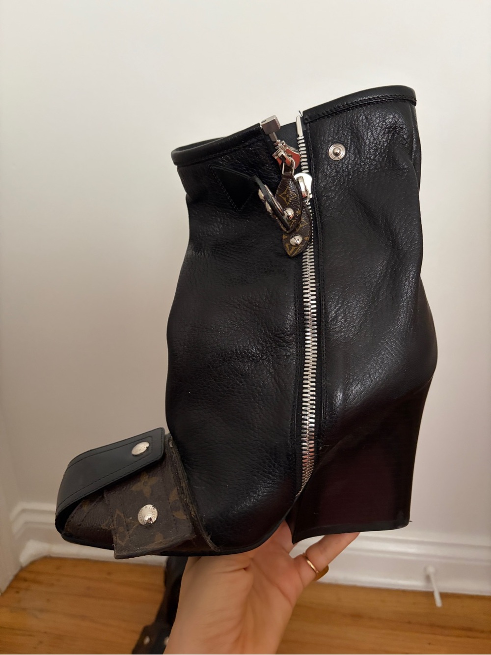 Louis Vuitton Black Leather Wedge Ankle Boots with Monogram Toe Detail